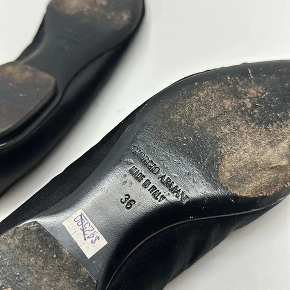 Giorgio Armani Ballet Flat Shoes Slip On Peep Toe Satin Black Size 36 US 6 - Picture 8 of 10